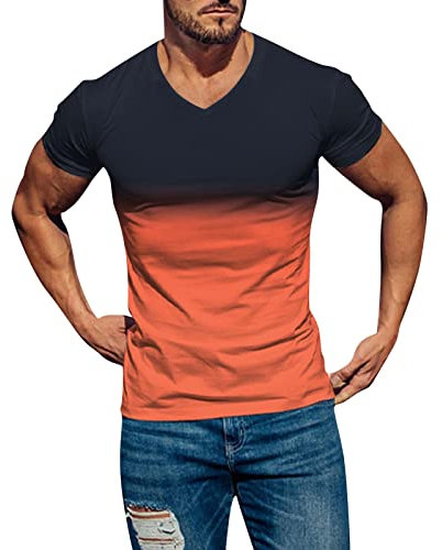 Camiseta para hombre, degradado de color, cuello en V, manga corta, informal, urbana, elegante, 2024, deportiva, camiseta de ocio, camiseta deportiva para hombre, naranja, XL