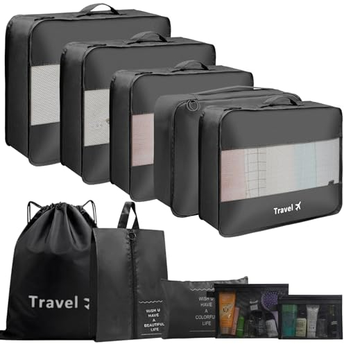 MOFELON Koffer Organizer Set-10 Teilige, Packing Cubes für Reise, Kofferorganizer Packwürfel Packtaschen Set mit Kleidertaschen Schuhbeutel Kosmetiktasche, Reise Gadgets-Schwarz