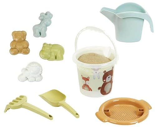Theo Klein 7622 Set secchiello da spiaggia - Mondo degli animali I Include setaccio, annaffiatoio, formine, paletta e rastrello I Plastica riciclata I Anti-UV, Giocattoli per bambini dai 18 mesi in su