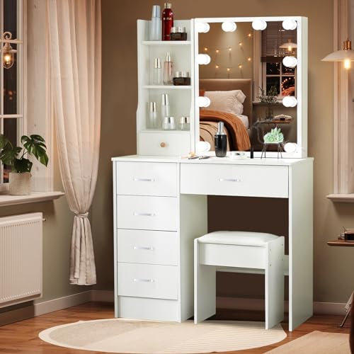 Aovquof Postazione trucco, Specchiera trucco, Toletta da trucco con specchio regolabile LED illuminato, Tavolino da toilette con 6 cassetti, 3 ripiani aperti per la camera da letto