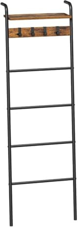 WEIDPHL 6-Tier Ladder Shelf, Decorative Ladder with 4 Removable Hooks, Towel Rack, Towel Ladder for Bathroom, Blanket Ladder for Living Room Metal Frame, Industrial Style