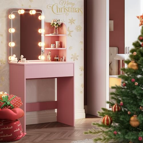 SONNI Schminktisch, Frisiertisch, Kosmetiktisch, mit LED-Beleuchtung Spiegel, a Schubladen und 3 offenen Fächern, 10-Lichtern, 3 Farben, 10 Einstellbarer Helligkeit für Make-up, Rosa, 70x40x140cm.