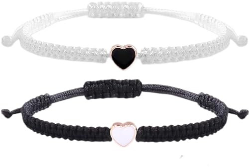 Bettinay 2PCS Heart Matching Bracelets for Couples, Rope Braided Adjustable Couple Bracelets with Gift Box for Best Friends