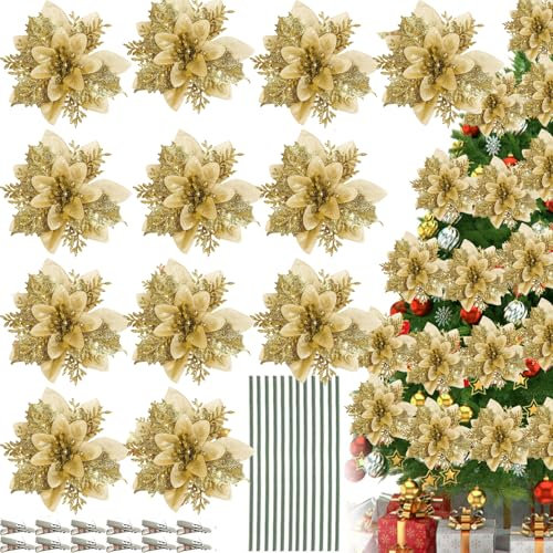 QXNDXQ 12PCS Scintillio Fiori di Natale Poinsettia Artificiali,Fiori Artificiali per Alberi di Natale con Stelo e Clip,per Albero di Natale Festivo,Ghirlanda,Feste di Matrimonio Addobbi (oro)