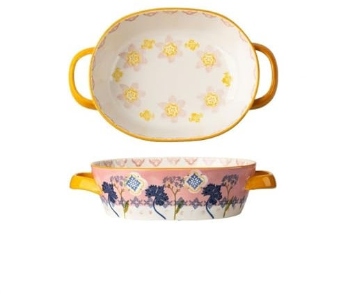 Fuente de horno Vajilla de cerámica creativa de color bajo vidriado, bandeja for hornear resistente a altas temperaturas, plato de cena, plato de sopa de doble oreja, plato de fruta, uso doméstico Ban