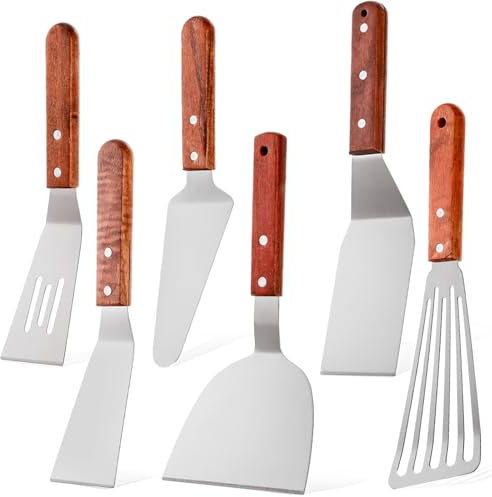 Covzoe 6 Pieces Stainless Steel Spatula Set, Metal Spatula with Wooden Handle, Small Kitchen Spatulas for Cast Iron Skillets, Fish Turner Flat Top Grill Spatulas for Cooking BBQ