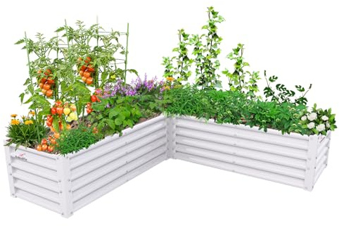 Anleolife 74x74x18in L-Shaped Galvanized Raised Garden Bed, Antique White