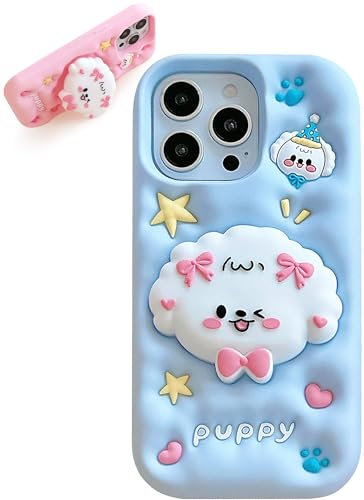 TUFTA Kawaii 3D Cartoon Dog Phone Case with Stand for iPhone 15, Perfect for Kids, Girls, Boys, Teens, and Women, Blue Cute Girly Animal Thick Soft Silicone Puppy Phone Cover