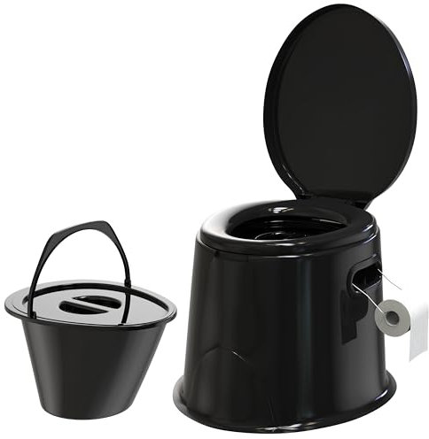 Large 5L Compact Portable Toilet Potty Loo with Seat Washable Basket and Toilet Roll Holder Lightweight Camping Loo, Camping WC for Pool Party Camping Caravan Picnic & Festivals Outdoor Black
