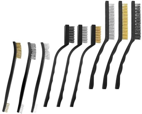 9 Stück Drahtbürste Set, Messingbürste Klein, Stahlbürste, Drahtbürste Klein, Messingdrahtbürste, Kupferbürste mit Kunststoffgriffe, Messing Bürsten Set für Reiniger Schmutz Schweißen Schlacken Rost