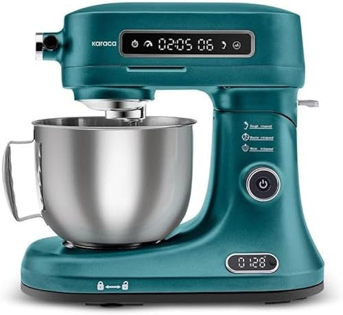 Karaca Pro Artisan Küchenmaschine mit integrierter Waage & Timer, 1600W, 5L Edelstahl-Schüssel, Knetmaschine und Teigmaschine, 12 Geschwindigkeitsstufen, Touchscreen, leiser Betrieb, Quetzal Grün