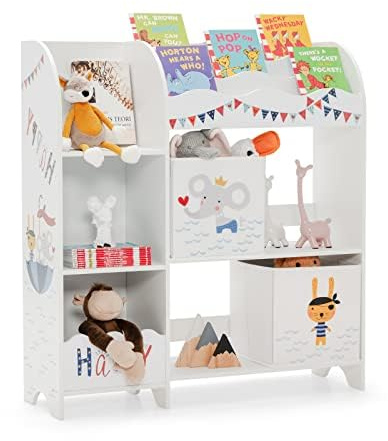 FANTASK 3-stöckiger Kinderregal, freistehender Kinderzimmerregal mit 5 Fächern & 2 Aufbewahrungsboxen, Tier Pirat