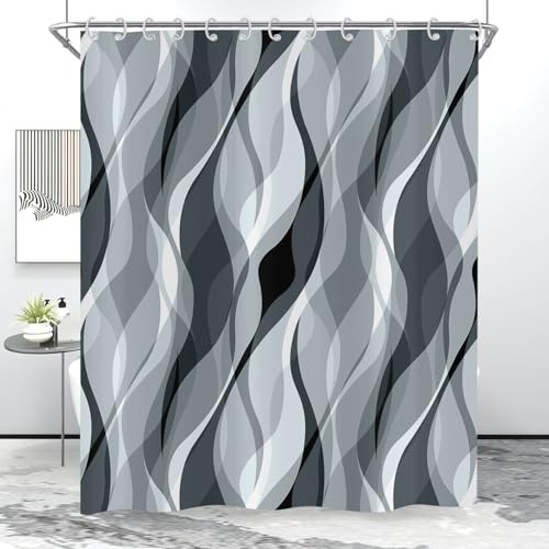 Hnmdmyi Rideau de Douche Bleu 180x200, Rideau de Bain Moderne Abstrait Bleu et Gris rayé imperméable en Tissu Polyester Lavable pour Salle de Bain avec Crochet