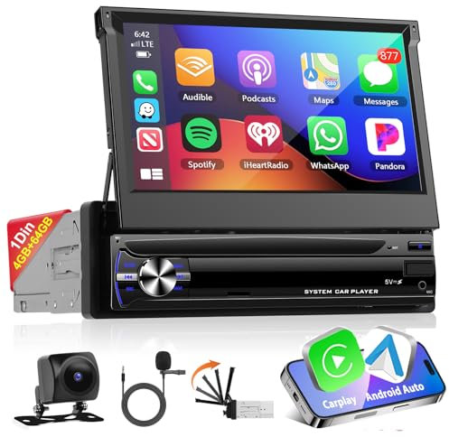 4GB RAM + 64GB ROM Wireless CarPlay Autoradio 1 Din Con Schermo, Motorsi Android Auto Schermo a Scomparsa Con Navigazione GPS, Bluetooth, FM/AM/RDS Radio, WiFi, Schermo Diviso + Telecamera Posteriore