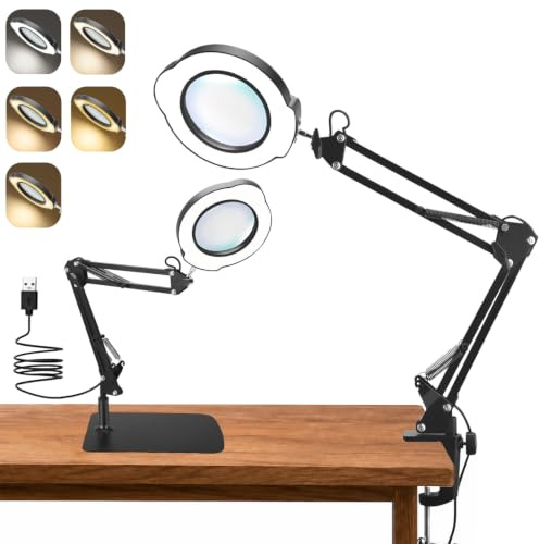 Loupe 15x avec lumière, Lampe de Table 2-en-1, 5 Modes de Couleur, 10 Niveaux de luminosité, tête rotative 360°, 15 Verres magnifieurs
