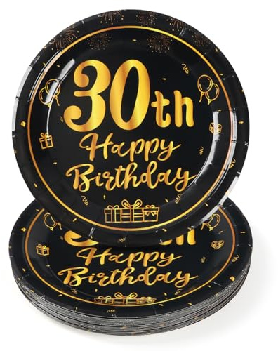 16Pcs Happy 30th Birthday Black and Gold Paper Plates Disposable Dinnerware Party Decorations for Women Men 30th Birthday Party Supplies Serve 16 Guests