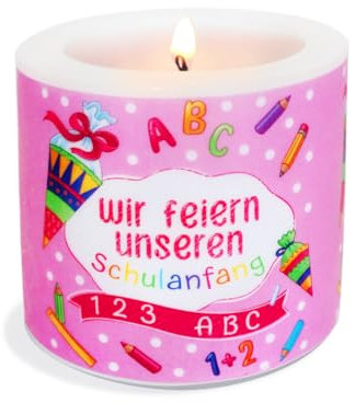 Kerze Einschulung Mädchen rosa als Tischdeko Schulanfang. Kerze mit Motiv als originelle Tischdekoration für Schuleinführung Ø8 x Höhe 7,5cm
