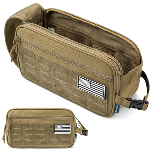 Pavilia Extra Large Tactical Toiletry Bag for Men, Hygiene Travel Bag, Military Dopp Kit, Water Resistant Molle Pouch, Mens Shaving Grooming Essentials, Bathroom Shower Small Organizer Case, Tan Brown