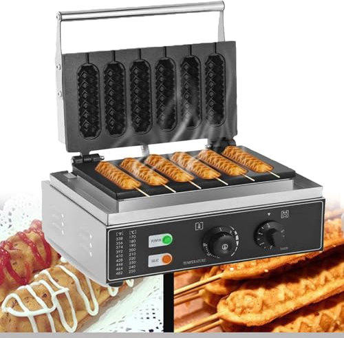 MZBDYYF 1550W French Hot Dog Waffle Maker 6 PCS Hotdog Cheese Stick Press Iron 1-5 Minutes Timer 50-300℃ Temperature Control for Cafes Roadside Vendors Cafeterias and Home Kitchens