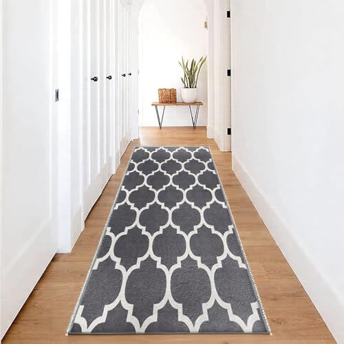 Hafaa Carpet Runners for Hallway Non-Slip 80 x 150 cm - Trellis Pattern Printed Design Bedroom Grey and White Bedside Carpets for Kitchen, Lounge (AVA Grey)
