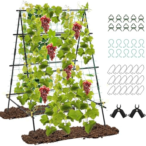RELAX4LIFE Gurken Rankhilfe Set, Rankgitter A-förmig, Pflanzenstütze Metall mit PP-Netz & Clips, Pflanzenhalter Pflanzenspalier für Kletterpflanzen, Tomaten, Blumen, 130 x 105 x 151 cm, Schwarz