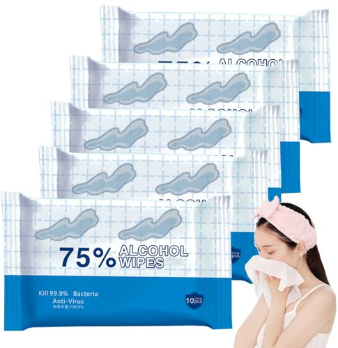 5Pack Individually Wrapped Sensitive Skin Disposable Travel 75% Alcohol Wet Wipes; 50 Count Anti-Virus Outdoor Hands and Face Wipes,Multipurpose Cleansing Wipes for Travel, Office, School, Daily Use