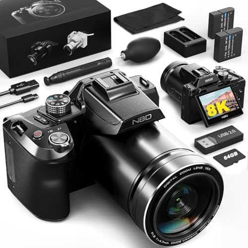 Fotokamera Digitale Monitech 64 MP 8K Kamera für Fotografie mit 2,8-Zoll-Klappdisplay & Blitzschuh, 16-Fach Zoom, WLAN und Autofokus – Vlog-Kamera für YouTube, inkl,64 GB Speicherkarte & 2 Akkus