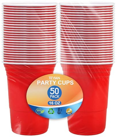 TEYIAN 50Pcs Plastic Cups 16oz/470ml Red Party Cups Drinking Cup Reusable & Recyclable for All Events Birthdays, Weddings, Picnics, Christmas, Anniversary Party (Red)