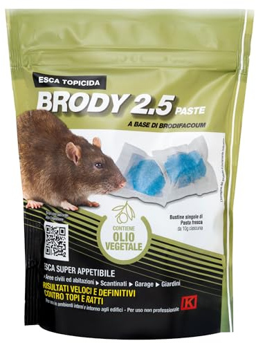 Kollant Brody 2.5 Paste Blu - 150g. Veleno per Topi Professionale in Bustine di Pasta Fresca a Base di Brodifacoum. Esche per Topi ad Uso Interno ed Esterno. Aroma Olio Vegetale.