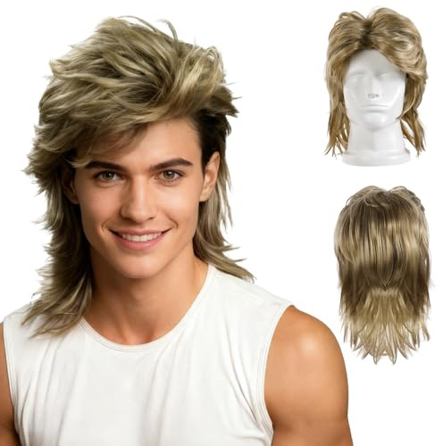 AUYAO Disco Afro Perücke Männer 7PC Perücken mit 80er Perücke Goldketten Sonnenbrillen Ringe Bart Weitere Vintage Accessoires Herren Haare Outfit Disco Rockstar Locken Kostüm Cosplay Halloween Party