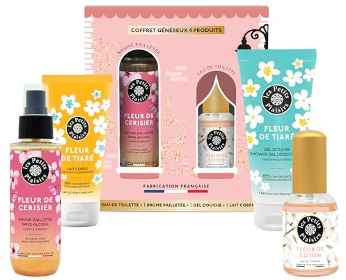 Coffret Cadeau Les Petits Plaisirs – Le Village des Senteurs Fleur de Coton – Eau de toilette 30ml, Brume pailletée, Gel douche & Lait corps – Fabriqué en France