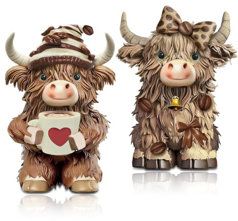 Nodrex 2 PCS Highland Cow Ornaments, Resin Highland Cow Figurines, Cute Farm Animal Decor for Shelf, Desk, Living Room, Bedroom, Valentine’s Day Gift for Her, Home Accessories