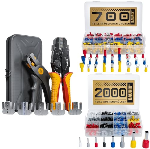 BAURIX® Crimpzange mit 6 Wechselbacken & Abisolierzange inkl. 700 Kabelschuhe & 2000 Aderendhülsen – Elektriker Werkzeug für Kabelschuhe, Flachsteckhülsen & Aderendhülsen