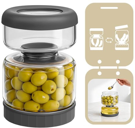 Luvan Bote Aceitunas con Escurridor, 750 ml/25.4 oz Tarro Aceitunas Separador Liquido, Tarro de Encurtidos, Libre de BPA y Plomo, para Pepinillos, Tomates, Cebollas y Alcachofas