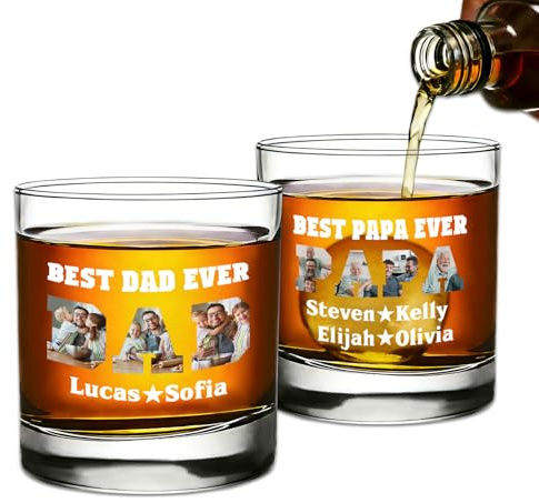 UIDMEN Verre à whisky personnalisé pour papa, verre à whisky bourbon avec photo et nom, verres à l'ancienne pour homme/lui/papa, mari, frère, fils, amateurs de whisky, cadeaux pour la fête des pères