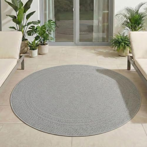 Carpetsale24 Outdoor Teppich Rund 80 cm Grau, Wetterfest UV-beständig, Balkon Teppich für Küche Flur Indoor Outdoor, Einfarbiges Design mit Bordüre Pflegeleicht