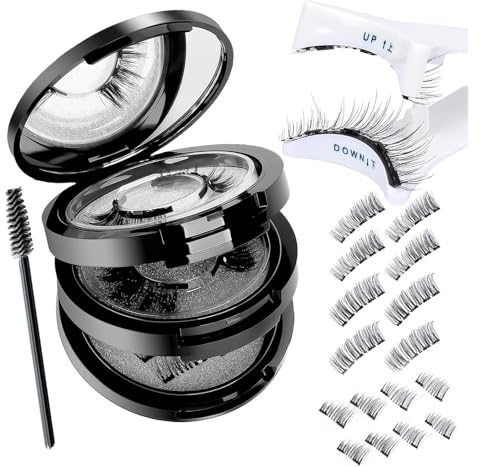 Vauki Lot de 4 paires de cils magnétiques naturels à 3 niveaux, demi-cils pleins et naturels avec brosse et applicateur, réutilisables, sans colle ni eye-liner, aimants puissants et étanches