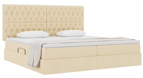 vidaXL Aufbewahrungsbett mit Matratze Creme 200 x 200 cm Polyester, Moderner Stauraumbett, rechteckig, hydraulisch, platzsparend, bequem, schwarzes Kunstleder, Matratze dabei