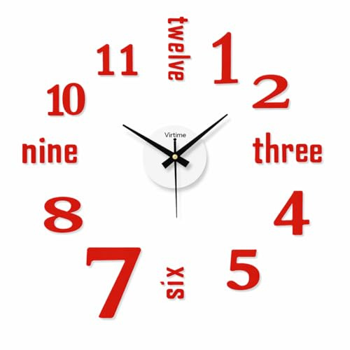 VIRTIME Orologio da Parete Adesivo, EVA Rivestito in PVC, Modello Numeri & Lettere, 50 cm, Movimento al Quarzo Step (Rosso)