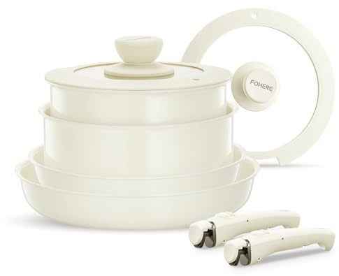 FOHERE Pots and Pans Set Nonstick, 8 Piece, with 2 Detachable Handles, Lids | Induction Kitchen Cookware Set for All Stoves, Oven Safe, Saucepan and Frying Pan, RV Cookware, Aluminum, White