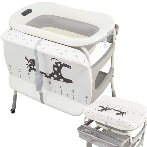 Cambiador con Bañera para Bebé Plegable con Ruedas y Organizador | 2 en 1: cambiador y bañera - Tubo de desagüe - Colchón impermeable - Ruedas con freno - Amplio almacenaje
