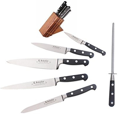 K SABATIER - Coffret De 5 Couteaux - Un Fusil Et Un Bloc en Bois Gamme Bellevue - Acier Inoxydable - Manche Noir - 100% Forge - Entièrement Fabrique en France
