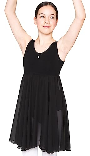 tanzmuster Ballettkleid Helena mit Breiten Trägern und langem Chiffon Röckchen. Besonderer Ballettanzug mit Glitzerstein in schwarz, Größe:140/146