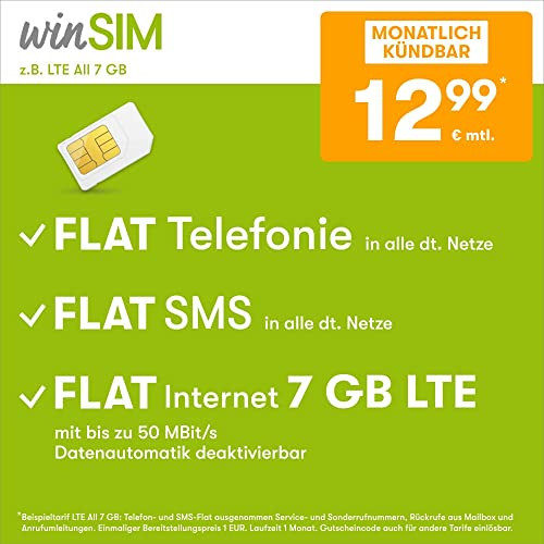winSIM Handytarif z.B. Allnet Flat 7 GB – (Flat Internet 5G 7 GB, Flat Telefonie, Flat SMS und Flat EU-Ausland, 12,99 Euro/Monat, monatlich kündbar) oder andere Tarife