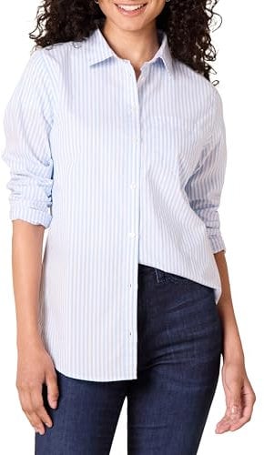 Amazon Essentials Women's Regular-Fit Long-Sleeve Button-Down Poplin Shirt, French Blue White Stripes, L