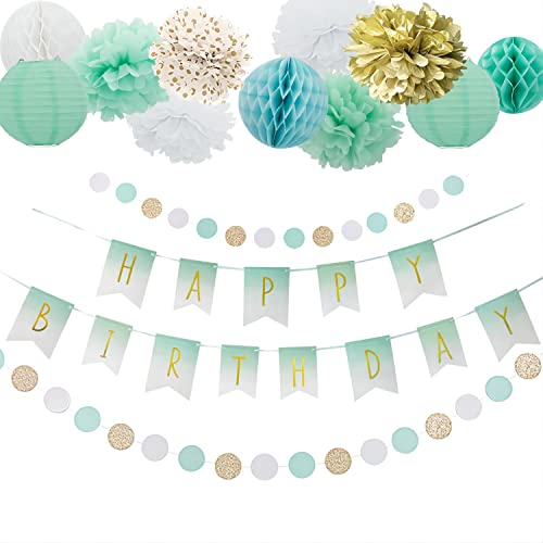 Easy Joy Mintgrün Geburtstag Deko,Happy Birthday Girlande mit goldenen Buchstaben,Seidenpapier Pompoms Deko,Dots Papier Girlande für Geburtstagdeko jugendweihe mädchen,Geburtstag