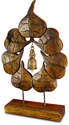 Kinaree 48cm Thai Lebensbaum aus Massivholz mit Bronze Glocke | Geschnitzter Bodhi Baum aus massivem Akazie Holz mit Bronzeglocke als Dekoration passend zu Buddha & Co.