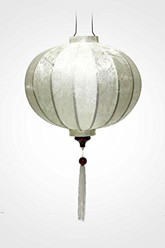 Asiatische Laterne aus weißer Seide, R Ø 33 cm – Kronleuchter traditioneller Hoi an aus Stoff, Bambus und Holz – Dekoration und Handwerk aus Vietnam (R20-B)