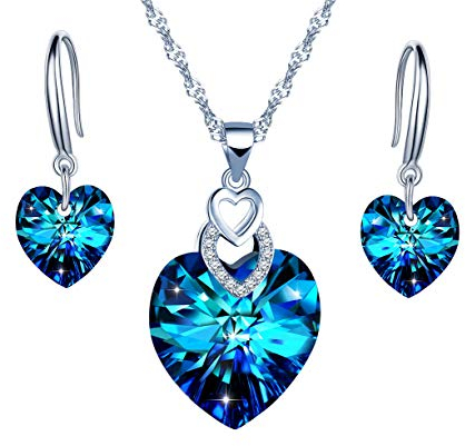 Yumilok 925 Sterling Silber Damen Halskette Kette mit Anhänger Blau Zirkonia Strass Herz des Ozeans Ohrstecker Ohrringe Piercing Ohrgehänger Schmuck Set für Frauen Mädchen