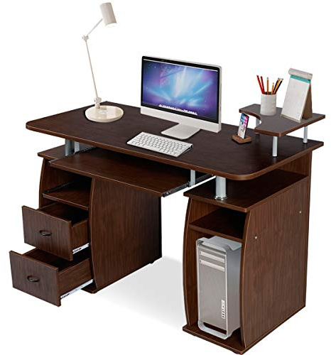 GIANTEX Bureau d'ordinateur avec Deux Tiroirs et Un Casier - Résistant à La Poussière et Tache - Idéale pour Travail, 120 x 55 x 85CM (Marron)